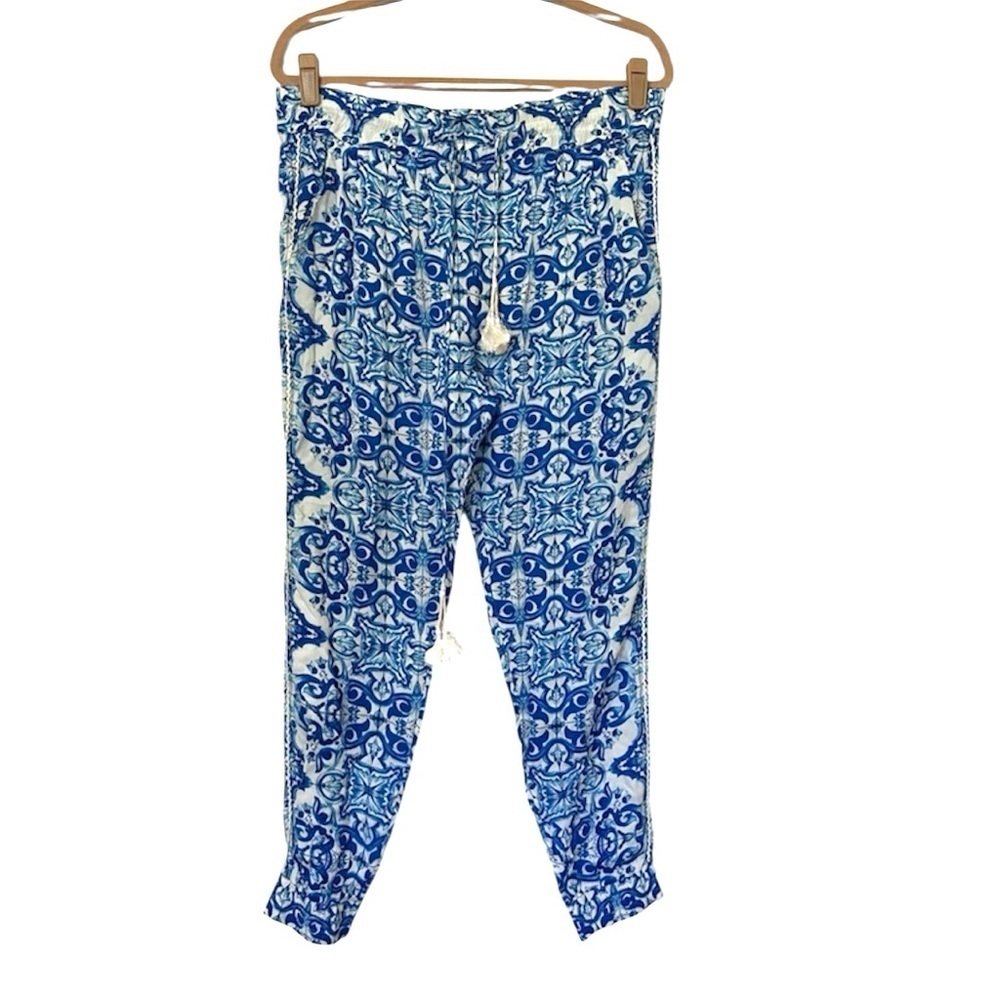 Hemant & Nandita Tile Print Tassel Tie Waist Pants Womens Small Blue White